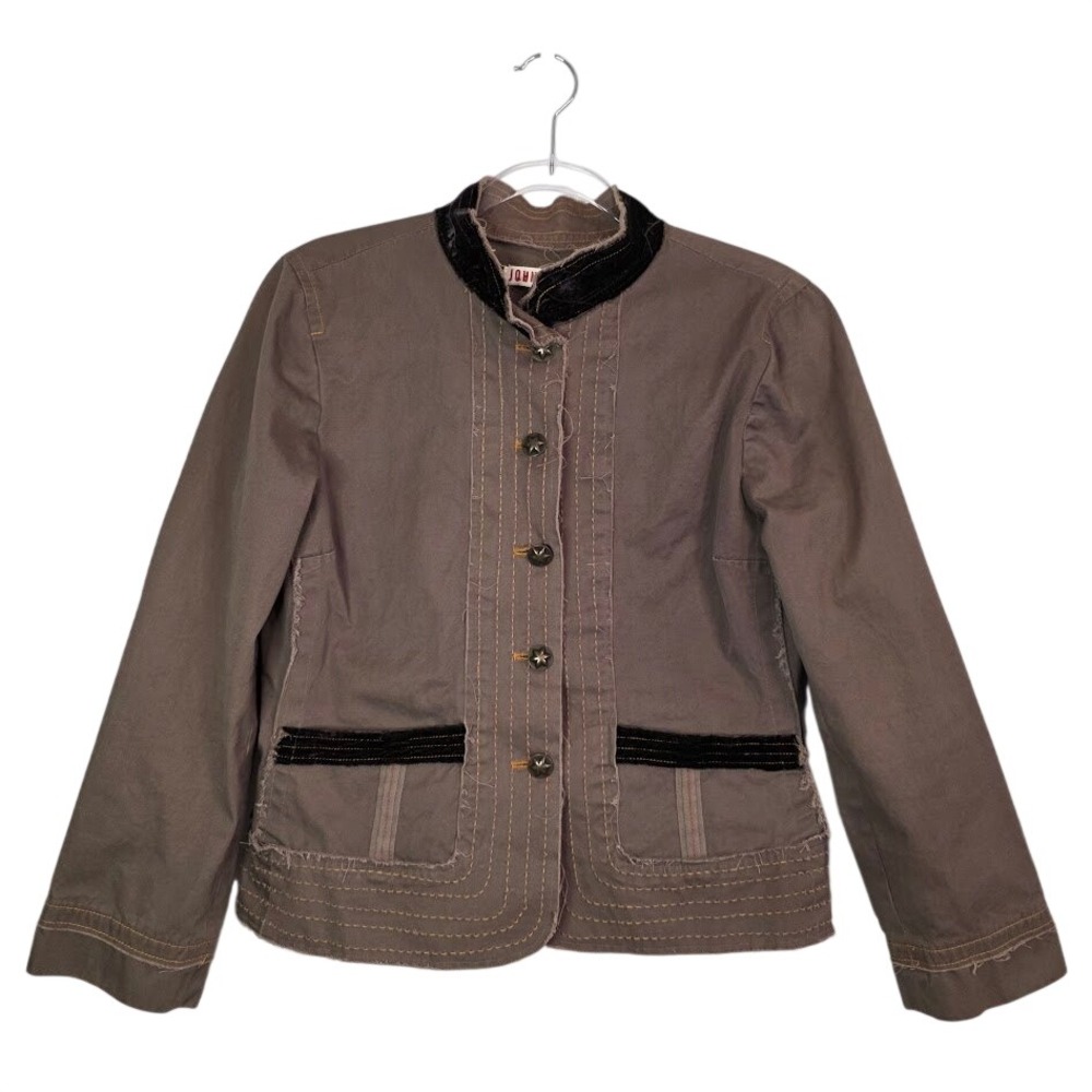 JOHNNY WAS Size L Military Jacket Brown‎ Cotton Velvet Trim Star Button Distress